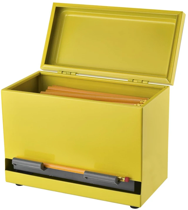 Main image of Pencil Dispenser for Classroom - Stainless Steel Bulk Pencil Holder for Desk - Includes Removable Label Stickers - Teacher Must Haves for Organization - Holds up to 200 Pencils (Yellow)