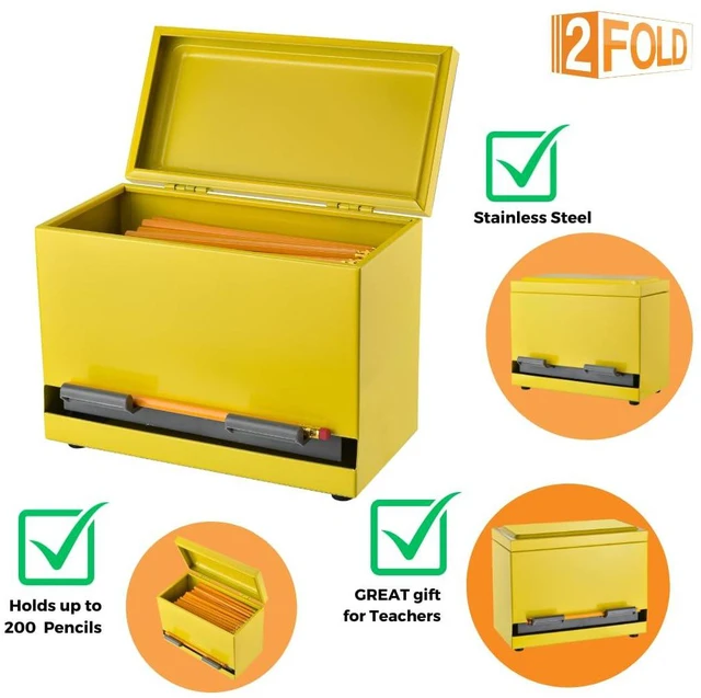 Alt view image 3 of 7 - Pencil Dispenser for Classroom - Stainless Steel Bulk Pencil Holder for Desk - Includes Removable Label Stickers - Teacher Must Haves for Organization - Holds up to 200 Pencils (Yellow)