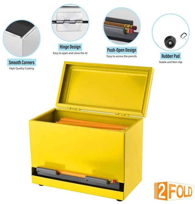 Alt view image 7 of 7 - Pencil Dispenser for Classroom - Stainless Steel Bulk Pencil Holder for Desk - Includes Removable Label Stickers - Teacher Must Haves for Organization - Holds up to 200 Pencils (Yellow)