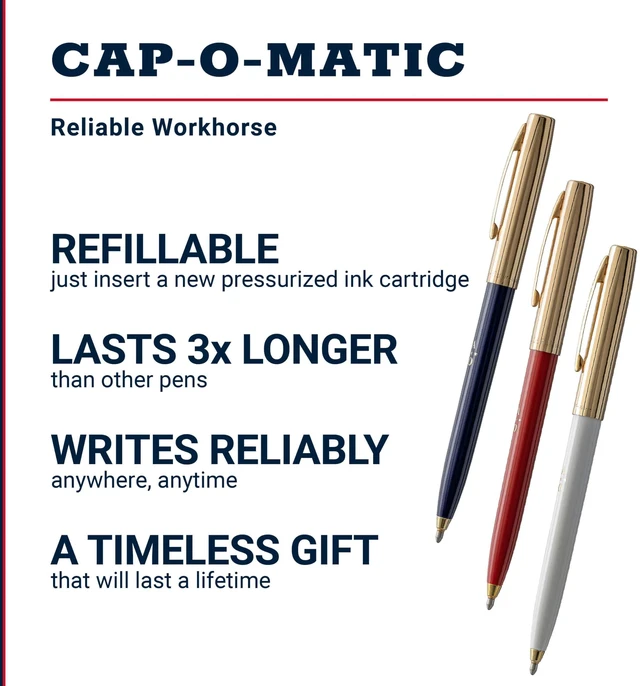 Alt view image 2 of 6 - Space Pen Red, White, Blue, Gold USA 250 Imprint Cap-O-Matic, 3 Pack Pressurized Ballpoint Pen, Writes Upside Down & Extreme Temperatures, Black Ink, Medium Point, Pocket Clip, Made in the USA