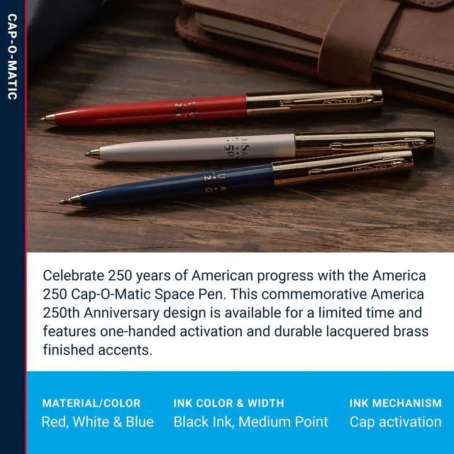 Alt view image 3 of 6 - Space Pen Red, White, Blue, Gold USA 250 Imprint Cap-O-Matic, 3 Pack Pressurized Ballpoint Pen, Writes Upside Down & Extreme Temperatures, Black Ink, Medium Point, Pocket Clip, Made in the USA
