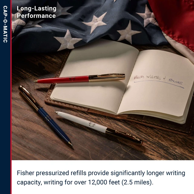 Alt view image 5 of 6 - Space Pen Red, White, Blue, Gold USA 250 Imprint Cap-O-Matic, 3 Pack Pressurized Ballpoint Pen, Writes Upside Down & Extreme Temperatures, Black Ink, Medium Point, Pocket Clip, Made in the USA