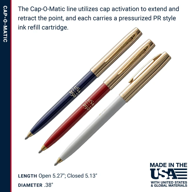 Alt view image 6 of 6 - Space Pen Red, White, Blue, Gold USA 250 Imprint Cap-O-Matic, 3 Pack Pressurized Ballpoint Pen, Writes Upside Down & Extreme Temperatures, Black Ink, Medium Point, Pocket Clip, Made in the USA