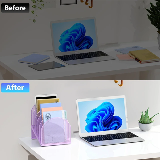 Alt view image 2 of 7 - Desktop File Organizer with 5 Compartments Desk Organizer Paper Organizer for Desk Workspace Organizers for Office Supplies (Purple)