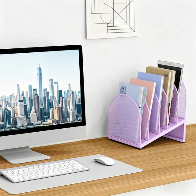 Alt view image 3 of 7 - Desktop File Organizer with 5 Compartments Desk Organizer Paper Organizer for Desk Workspace Organizers for Office Supplies (Purple)