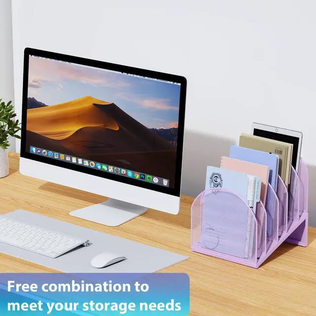 Alt view image 5 of 7 - Desktop File Organizer with 5 Compartments Desk Organizer Paper Organizer for Desk Workspace Organizers for Office Supplies (Purple)