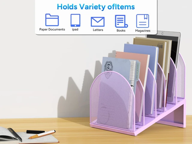Alt view image 7 of 7 - Desktop File Organizer with 5 Compartments Desk Organizer Paper Organizer for Desk Workspace Organizers for Office Supplies (Purple)