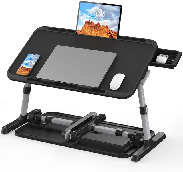 Main image of Bed Laptop Table Adjustable Foldable Laptop Stand 22.04×12.2in Black Stable plastic frame, Storage Drawer & Tablet Slot, Portable Laptop Stand for Working Eating Reading on Bed Sofa Floor