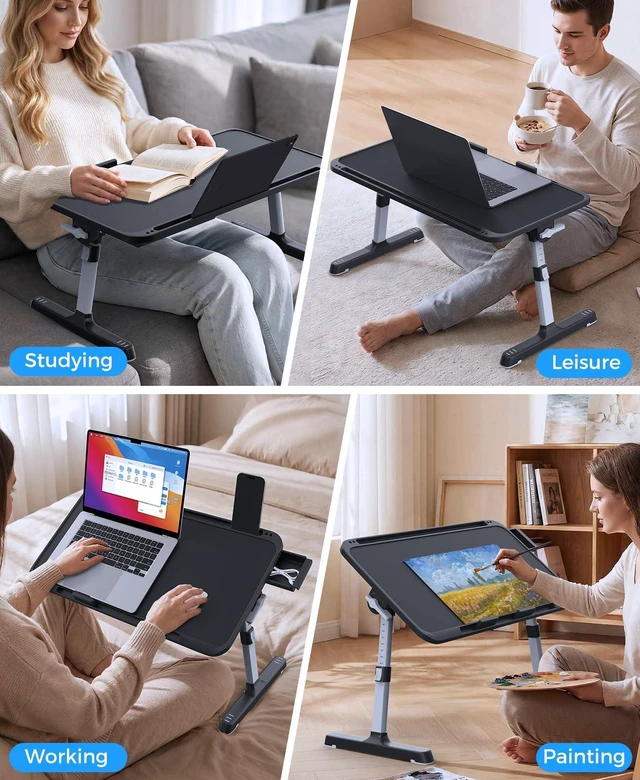 Alt view image 3 of 7 - Bed Laptop Table Adjustable Foldable Laptop Stand 22.04×12.2in Black Stable plastic frame, Storage Drawer & Tablet Slot, Portable Laptop Stand for Working Eating Reading on Bed Sofa Floor