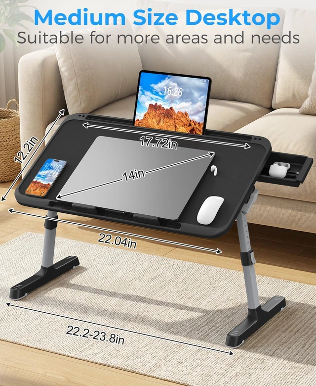 Alt view image 7 of 7 - Bed Laptop Table Adjustable Foldable Laptop Stand 22.04×12.2in Black Stable plastic frame, Storage Drawer & Tablet Slot, Portable Laptop Stand for Working Eating Reading on Bed Sofa Floor