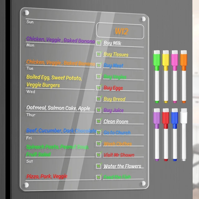 Alt view image 2 of 7 - Acrylic Meal Planner Magnetic Menu Board for Kitchen Fridge Planning Board Grocery to Do List Shopping List w/ 8 Markers, Clear Weekly Calendar for Refrigerator Dry Erase Board, 12x9