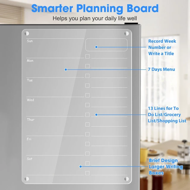 Alt view image 6 of 7 - Acrylic Meal Planner Magnetic Menu Board for Kitchen Fridge Planning Board Grocery to Do List Shopping List w/ 8 Markers, Clear Weekly Calendar for Refrigerator Dry Erase Board, 12x9