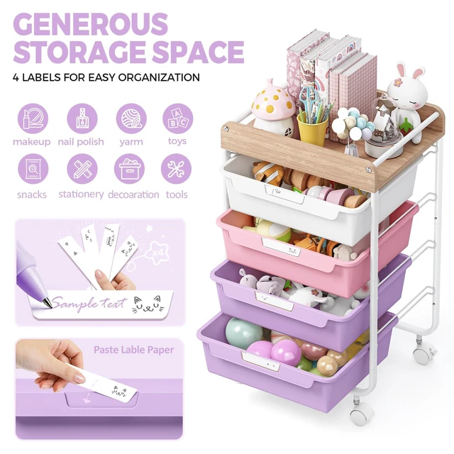 Alt view image 3 of 7 - Rolling Storage Utility Cart with 4 Drawers,Art Cart,Purple Kids Craft Cart,Makeup Organizer and Storage with Wooden Tabletop
