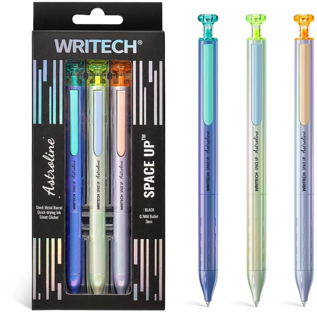 Main image of Gel Pens Black Ink: Sleek Metal Barrel Pen Fine Point 0.7mm Retractable 3ct No Smear Quick Dry Smooth Writing Silent Clicker Space Up Astroline