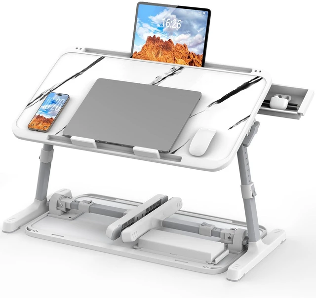 Main image of Bed Laptop Table Adjustable Foldable Laptop Stand 22.04×12in Marble Stable plastic frame, Storage Drawer & Tablet Slot, Portable Laptop Stand for Working Eating Reading on Bed Sofa Floor