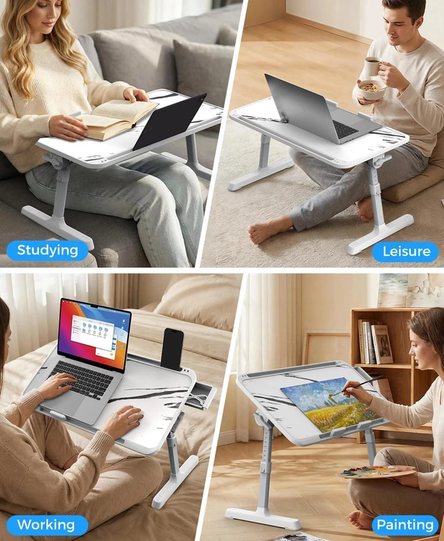 Alt view image 4 of 7 - Bed Laptop Table Adjustable Foldable Laptop Stand 22.04×12in Marble Stable plastic frame, Storage Drawer & Tablet Slot, Portable Laptop Stand for Working Eating Reading on Bed Sofa Floor