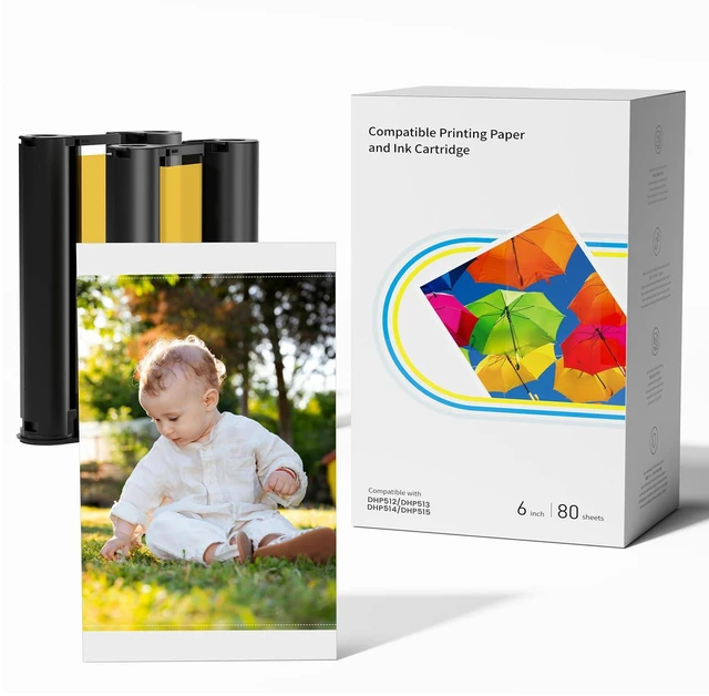 Main image of Compatible with Liene Amber M100/M110 4x6" 80 Photo Paper & 2 Ink Cartridge 80 Sheets Paper and Ink Refill for Amber M100/M200/M110/M210 (DHP512/DHP513/514/515) Photo Printer, Dye Sublimation, No Fade