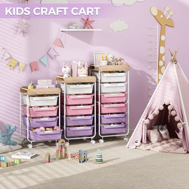 Alt view image 7 of 7 - Rolling Cart with 6 Drawers,Craft Organizer and Storage,Purple Utility Storage Cart with Drawers,Art Cart,Makeup Organizer With Wooden Tabletop