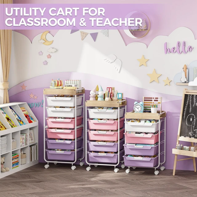 Alt view image 7 of 7 - Rolling Storage Utility Cart with 5 Drawers,Purple Craft Cart with Wheels,Makeup Organizer,Art Supply And Storage Wooden Tabletop