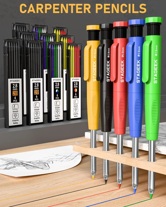 Alt view image 2 of 7 - 49 Pack Carpenter Pencils with Sharpener Carpenter Pencil Set with Deep Hole Long-Nib Markers, Woodworking Tool & Construction Pencils for Architect, DIY with Case