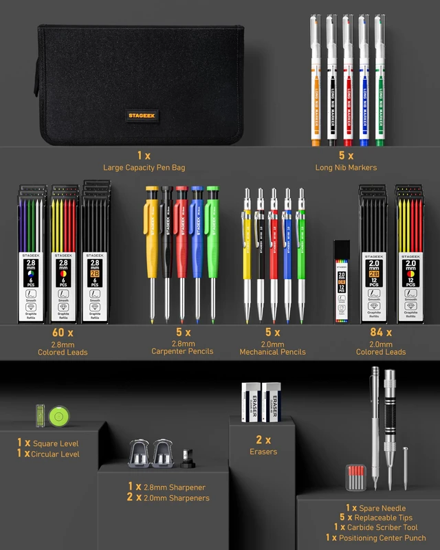 Alt view image 7 of 7 - 49 Pack Carpenter Pencils with Sharpener Carpenter Pencil Set with Deep Hole Long-Nib Markers, Woodworking Tool & Construction Pencils for Architect, DIY with Case