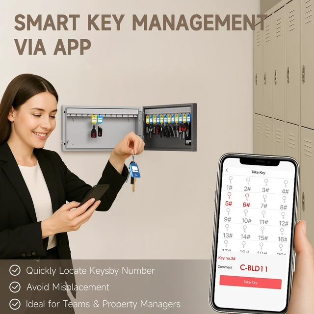 Alt view image 5 of 7 - 24 Key Lock Box Smart Key Organier Cabinet with Keypad & App for Office Wall Mounted Lockbox use Bluetooth, Custom/One Time Password, WiFi (Need W100 Bridge) Unlock for School, Office, Fleet, Hotel