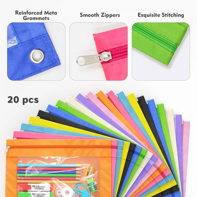 Alt view image 2 of 7 - Binder Pencil Pouches, Pencil Pouch for 3 Ring Binder with Zipper Pulls, Clear Window Pencil Case for Binder, Zipper Pencil Pouches with Rivet Enforced 3 Ring, 20 Pack, 10 Color