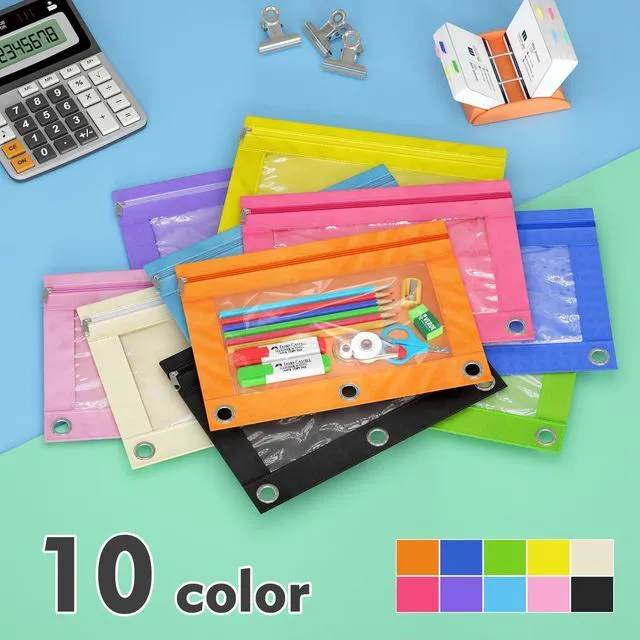 Alt view image 3 of 7 - Binder Pencil Pouches, Pencil Pouch for 3 Ring Binder with Zipper Pulls, Clear Window Pencil Case for Binder, Zipper Pencil Pouches with Rivet Enforced 3 Ring, 20 Pack, 10 Color