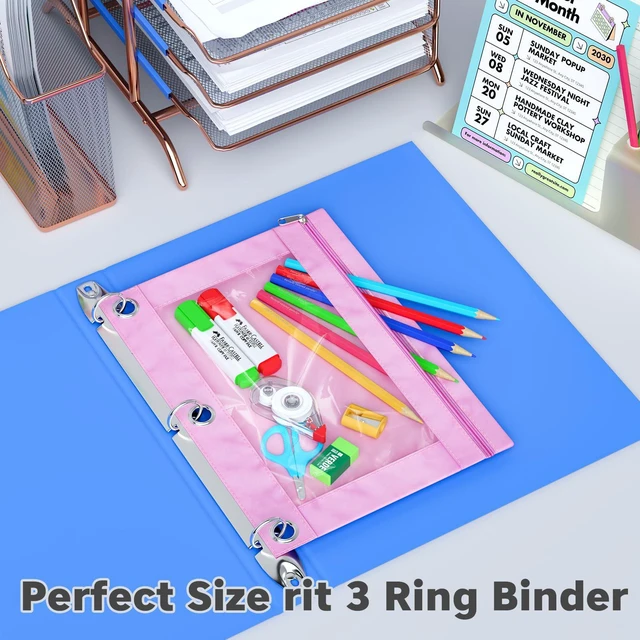 Alt view image 4 of 7 - Binder Pencil Pouches, Pencil Pouch for 3 Ring Binder with Zipper Pulls, Clear Window Pencil Case for Binder, Zipper Pencil Pouches with Rivet Enforced 3 Ring, 20 Pack, 10 Color