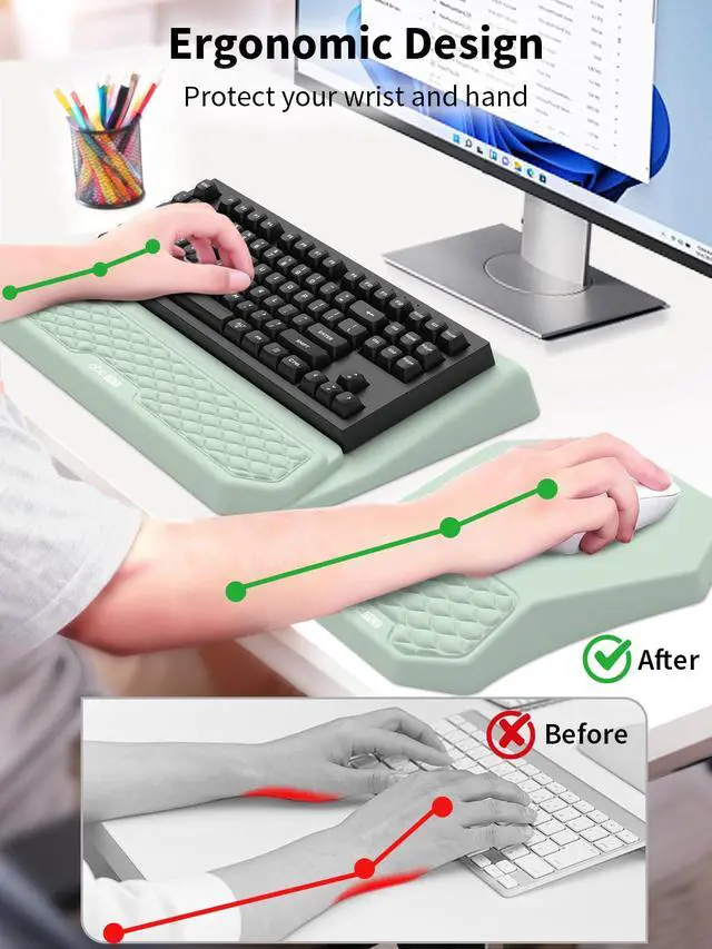 Alt view image 2 of 7 - 3-in-1 Ergonomic Keyboard Stand with Wrist Rest & Mouse Pad Set,Light Green Comfy Keyboard Riser Holder Soft Mousepad with Massage Design, Memory Foam and Non-Slip PU Base for Pain Relief