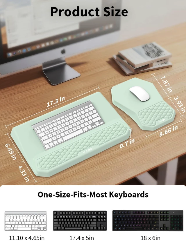 Alt view image 4 of 7 - 3-in-1 Ergonomic Keyboard Stand with Wrist Rest & Mouse Pad Set,Light Green Comfy Keyboard Riser Holder Soft Mousepad with Massage Design, Memory Foam and Non-Slip PU Base for Pain Relief