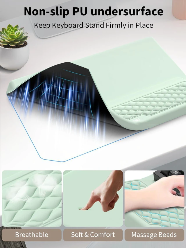 Alt view image 5 of 7 - 3-in-1 Ergonomic Keyboard Stand with Wrist Rest & Mouse Pad Set,Light Green Comfy Keyboard Riser Holder Soft Mousepad with Massage Design, Memory Foam and Non-Slip PU Base for Pain Relief