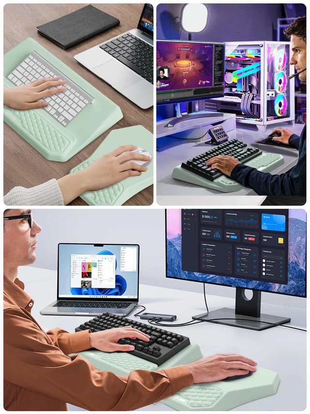 Alt view image 7 of 7 - 3-in-1 Ergonomic Keyboard Stand with Wrist Rest & Mouse Pad Set,Light Green Comfy Keyboard Riser Holder Soft Mousepad with Massage Design, Memory Foam and Non-Slip PU Base for Pain Relief