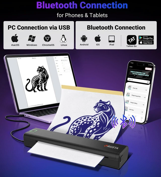 Alt view image 2 of 7 - Tattoo Stencil Printer, Tattoo Printer with 10 Transfer Paper S008 Wireless Thermal Tattoo Machine, Compatible with Phone/Tablet/PC, for Tattooing Artists & Studio, Temporary Tattoo Maker