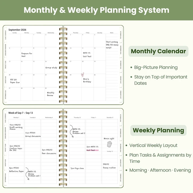 Alt view image 4 of 7 - Academic Planner 2026-2027, Student Planner with Monthly Tabs, A5, Green Class Schedule, Deadlines Tracking, Project Planning, School Planner for High School, College, & Homeschool Students