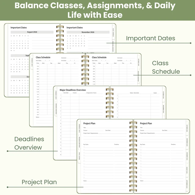 Alt view image 3 of 7 - Academic Planner 2026-2027, Student Planner with Monthly Tabs, A5, Green Class Schedule, Deadlines Tracking, Project Planning, School Planner for High School, College, & Homeschool Students
