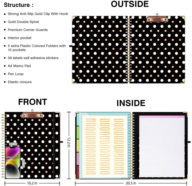 Alt view image 2 of 6 - Clipboard with Storage 8.5 X 11Padfolio Organizer, Spiral Portfolio Letter Size with Notepad, Pen Holder, 5 Extra Folder Divider Pages, Elastic Closure Nurse Office Essentials Black Gold