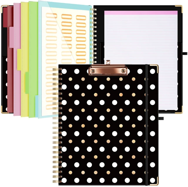 Main image of Clipboard with Storage 8.5 X 11Padfolio Organizer, Spiral Portfolio Letter Size with Notepad, Pen Holder, 5 Extra Folder Divider Pages, Elastic Closure Nurse Office Essentials Black Gold