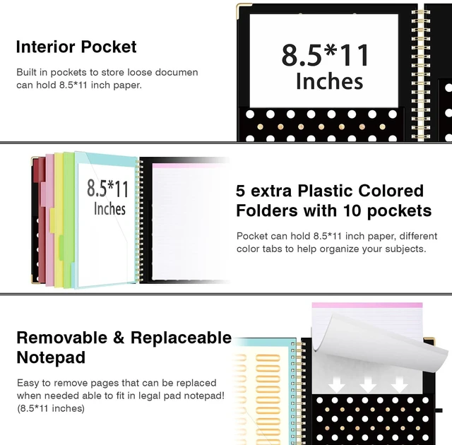 Alt view image 3 of 6 - Clipboard with Storage 8.5 X 11Padfolio Organizer, Spiral Portfolio Letter Size with Notepad, Pen Holder, 5 Extra Folder Divider Pages, Elastic Closure Nurse Office Essentials Black Gold