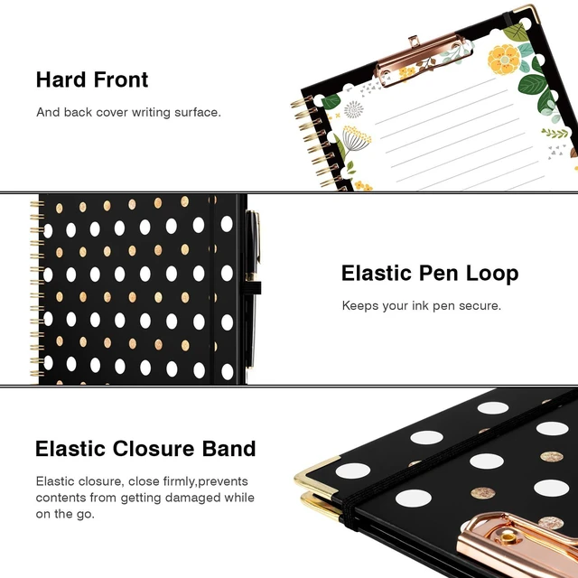 Alt view image 5 of 6 - Clipboard with Storage 8.5 X 11Padfolio Organizer, Spiral Portfolio Letter Size with Notepad, Pen Holder, 5 Extra Folder Divider Pages, Elastic Closure Nurse Office Essentials Black Gold