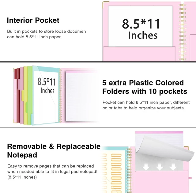 Alt view image 3 of 6 - Clipboard with Storage 8.5 X 11Padfolio Organizer, Spiral Portfolio Letter Size with Notepad, Pen Holder, 5 Extra Folder Divider Pages, Elastic Closure Nurse Office Essentials Baby Pink