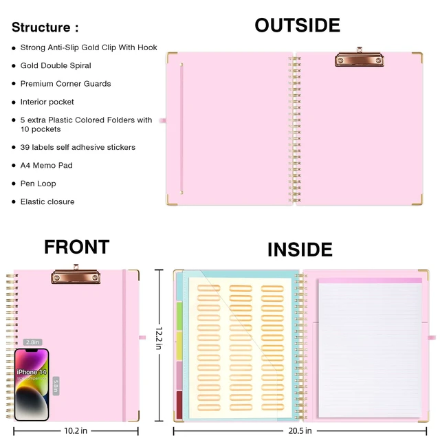 Alt view image 2 of 6 - Clipboard with Storage 8.5 X 11Padfolio Organizer, Spiral Portfolio Letter Size with Notepad, Pen Holder, 5 Extra Folder Divider Pages, Elastic Closure Nurse Office Essentials Baby Pink