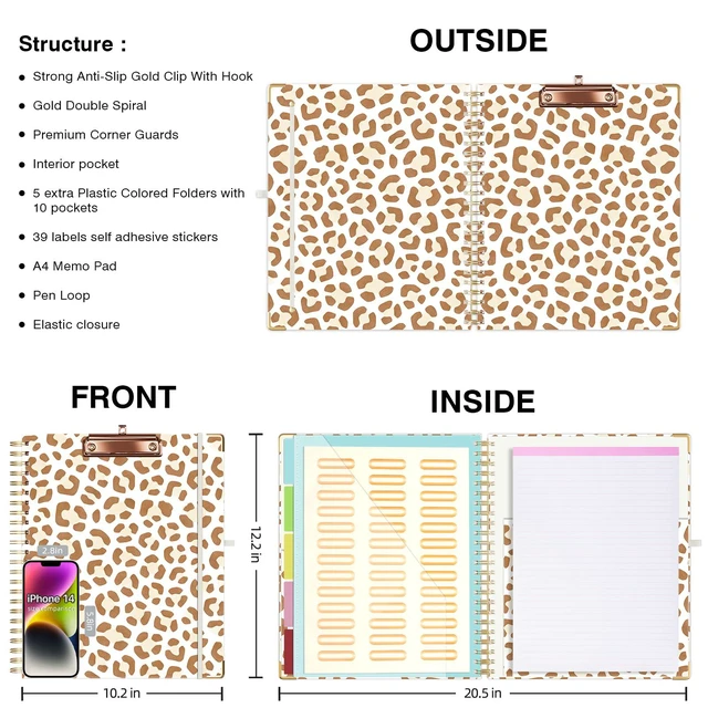 Alt view image 2 of 6 - Clipboard with Storage 8.5 X 11Padfolio Organizer, Spiral Portfolio Letter Size with Notepad, Pen Holder, 5 Extra Folder Divider Pages, Elastic Closure Nurse Office Essentials Leopard