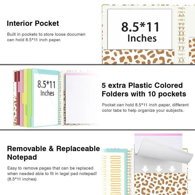 Alt view image 3 of 6 - Clipboard with Storage 8.5 X 11Padfolio Organizer, Spiral Portfolio Letter Size with Notepad, Pen Holder, 5 Extra Folder Divider Pages, Elastic Closure Nurse Office Essentials Leopard