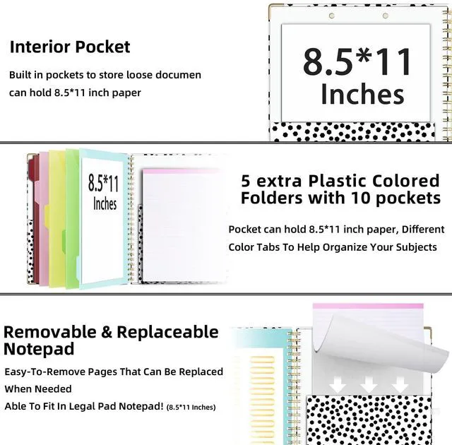 Alt view image 3 of 6 - Clipboard with Storage 8.5 X 11Padfolio Organizer, Spiral Portfolio Letter Size with Notepad, Pen Holder, 5 Extra Folder Divider Pages, Elastic Closure Nurse Office Essentials (Polka Dots)