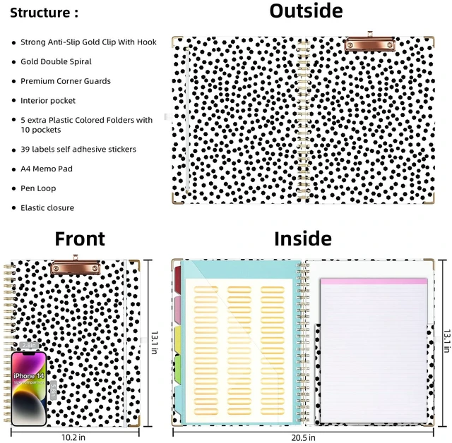 Alt view image 2 of 6 - Clipboard with Storage 8.5 X 11Padfolio Organizer, Spiral Portfolio Letter Size with Notepad, Pen Holder, 5 Extra Folder Divider Pages, Elastic Closure Nurse Office Essentials (Polka Dots)
