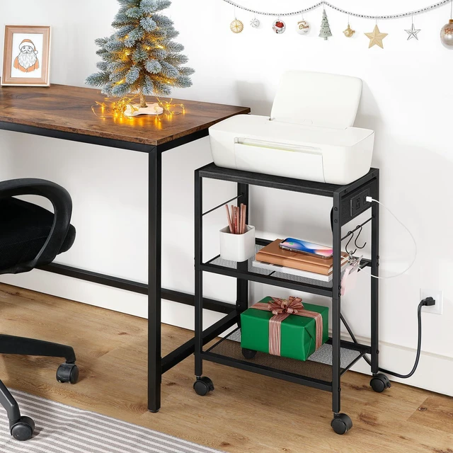 Alt view image 2 of 7 - Industrial Printer Stand, 3-Tier Mobile Printer Table, Rolling Cart with Power Outlets and USB Ports, Home Printer Stand with 2 Hooks, for Office, Living Room, Black BB22UPS01