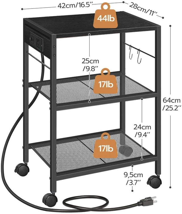 Alt view image 3 of 7 - Industrial Printer Stand, 3-Tier Mobile Printer Table, Rolling Cart with Power Outlets and USB Ports, Home Printer Stand with 2 Hooks, for Office, Living Room, Black BB22UPS01