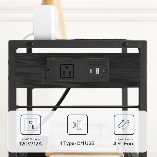 Alt view image 4 of 7 - Industrial Printer Stand, 3-Tier Mobile Printer Table, Rolling Cart with Power Outlets and USB Ports, Home Printer Stand with 2 Hooks, for Office, Living Room, Black BB22UPS01