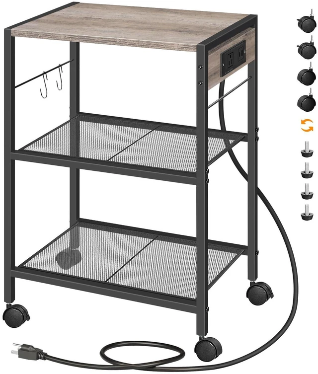 Main image of Industrial Printer Stand, 3-Tier Mobile Printer Table, Rolling Cart with Power Outlets and USB Ports, Home Printer Stand with 2 Hooks, for Office, Living Room, Greige and Black BG22UPS01